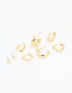 Gold Plated Brass Cubic Zirconia Huggie & Stud Earrings 4-Pack