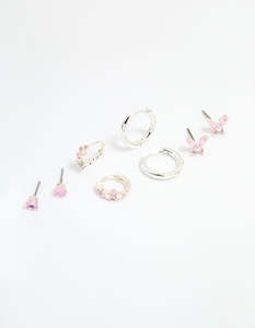 Ear Stacks: Silver Plated Brass Pink Cubic Zirconia Pave & Butterfly Stud Earrings 4-Pack
