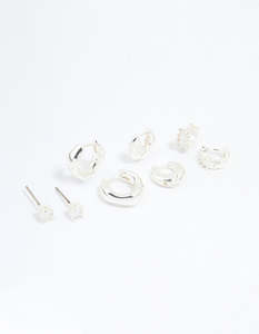 Silver Plated Brass Cubic Zirconia Baguette Hoops & Stud Earrings 4-Pack