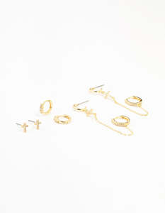 Gold Plated Brass Cross Stud & Chain Earrings 4-Pack
