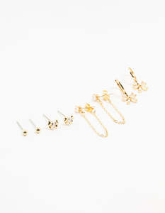 Ear Stacks: Gold Plated Brass Heart Bow Chain Earrings 4-Pack