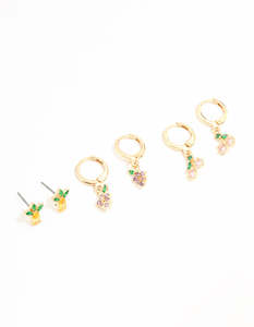 Ear Stacks: Gold Mixed Fruit Studs & Huggie Earrings 3-Pack