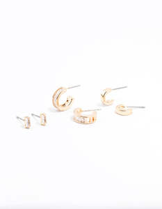 Ear Stacks: Gold Cubic Zirconia Grad Hoop Earrings 3-Pack