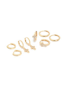 Ear Stacks: Gold Plated Cubic Zirconia Cross Huggie Earrings 4-Pack