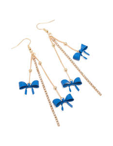 Multi: Gold Blue Bow Chain Drop Earrings