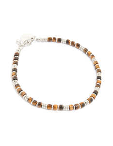 Mens Waterproof Stainless Steel Semi Precious Tiger's Eye Beaded Bracelet