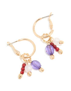 Red: Gold Red White Purple Beaded Charm Hoop Earrings