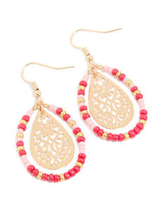 Red: Gold Red Beaded Filigree Circular Earrings