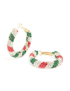 Red: Gold Green Red & Clear Diamante Candy Cane Hoop Earrings