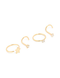 Star Earrings: Gold Plated Surgical Steel Cubic Zirconia Nose Rings & Studs 4-Pack