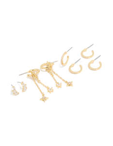Star Earrings: Gold Plated Cubic Zirconia Celestial Chain & Fine Hoop Earrings 4-Pack