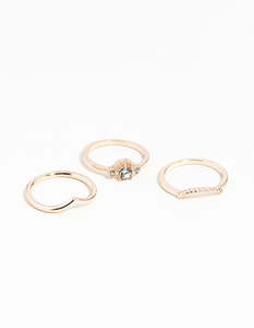 Rose Gold Diamante 3 Band Ring Stack