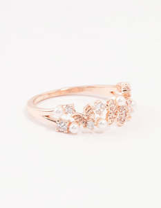 Bands: Rose Plated Gold Butterfly Pearl Band Ring