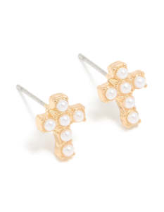 Gold Pearl Inlay Cross Stud Earrings