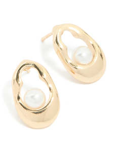 Pearl Earrings: Gold Pearl Open Oval Stud Earrings