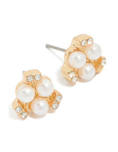 Pearl Earrings: Gold Pearl Diamante Cluster Stud Earrings