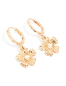 Gold Pearl Floral Drop Huggie Earrings