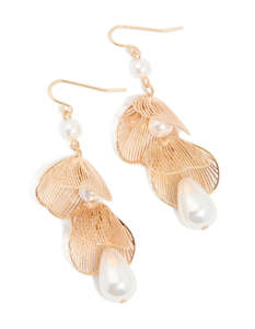 Pearl Earrings: Gold Pearl Laser Cut Petal Drop Earrings