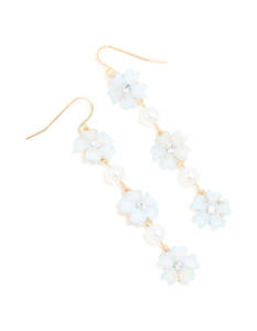 Pearl Earrings: Gold Pearl Centre Blue Flowers Drop Earrings