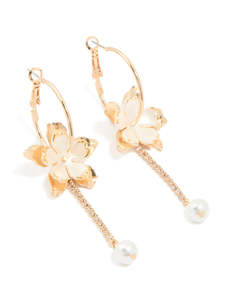 Pearl Earrings: Gold Pearl Flower Diamante Cupchain Drop Earrings