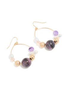 Pearl Earrings: Gold Pearl Marbled Purple Beaded Drop Earrings