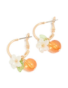 White: Gold Bee Orange Charm Huggie Earrings