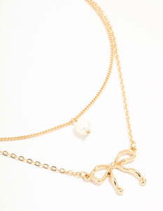 White: Gold Pearl & Bow Layered Necklace