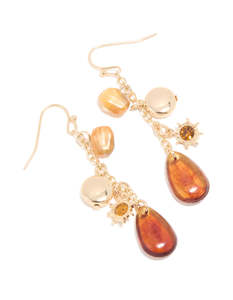 Neutrals: Gold Brown Diamante & Beaded Chain Sun Drop Earrings