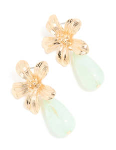 Gold Teal Stone Textured Flower Drop Earrings