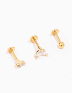 Cubic Zirconia Earrings: Gold Plated Surgical Steel Cubic Zirconia Double Marquise Flat Back 3-Pack