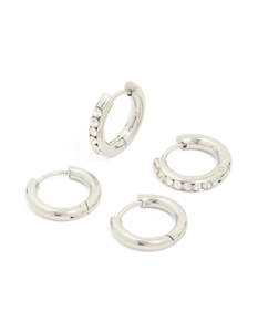 Waterproof Stainless Steel Cubic Zirconia & Smooth Chunky Huggie Earrings 2-Pack