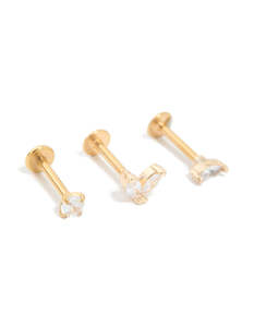 Gold Plated Surgical Steel Cubic Zirconia Flat Back Studs 3-Pack