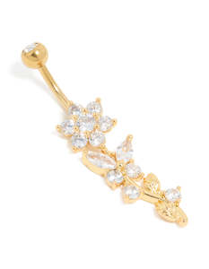 Belly Button Piercings: Gold Plated Cubic Zirconia Large Flower Vine Drop Belly Bar