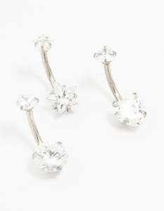Belly Button Piercings: Surgical Steel Star & Heart Crystal Belly Piercing 3-Pack