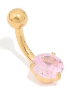 Belly Button Piercings: Gold Plated Surgical Steel Pink Cubic Zirconia Belly Bar