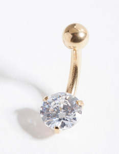 Belly Button Piercings: Gold Surgical Steel Round Cubic Zirconia Belly Bar