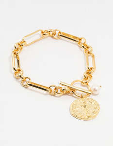 Coin: Gold Plated Brass Rectangular Link With Coin Bracelet