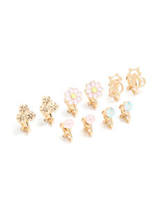 Kids Earrings: Kids Gold Pink Flower & Cat Outline Clip On Earrings 5-Pack