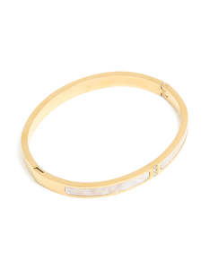 Waterproof Gold Plated Stainless Steel Pearl Inlay Hinge Bangle