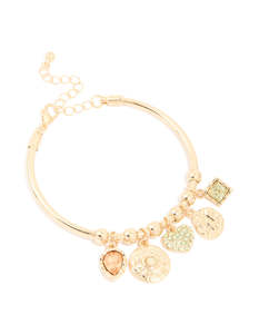 Bangles: Gold Green Diamante Heart & Disc Charm Bangle