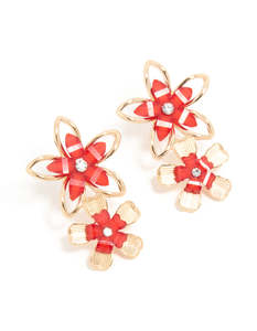 Gold Red & White Acrylic Flower Layered Earrings