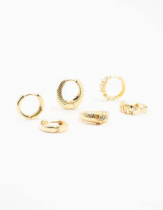 Gold Plated Brass Textured Teardrop Hoops 3-Pack