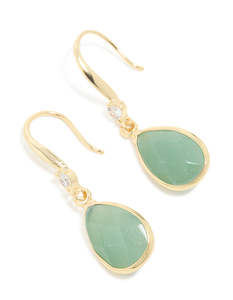 Gold Plated Green Aventurine Semi Precious Stone Cubic Zirconia Large Drop Earrings