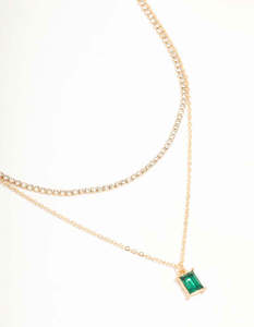 Multi: Gold Diamante & Baguette Cut Green Diamante Layered Necklace