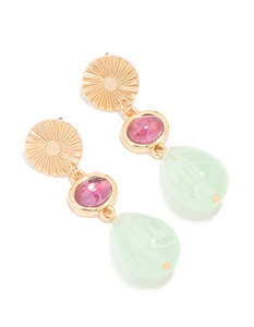 Gold Green & Pink Beaded Drop Earrings