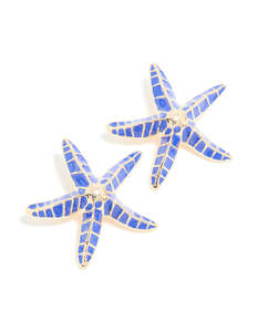 Star Earrings: Gold Dark Blue Enamel Large Starfish Earrings