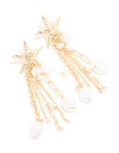 Gold Pearl Star Fish Chain Drop Earrings
