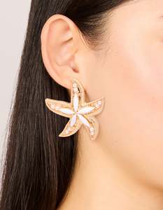 Star Earrings: Gold White Acrylic Starfish Medallion Earrings