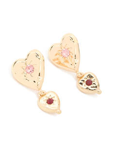 Star Earrings: Gold Double Heart With Diamante Star Centre Drop Earrings
