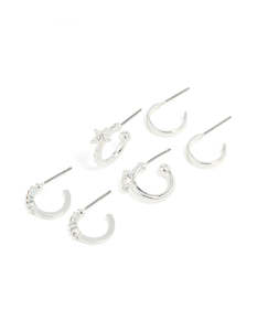 Silver Diamante Star & Smooth Hoop Earrings 3-Pack